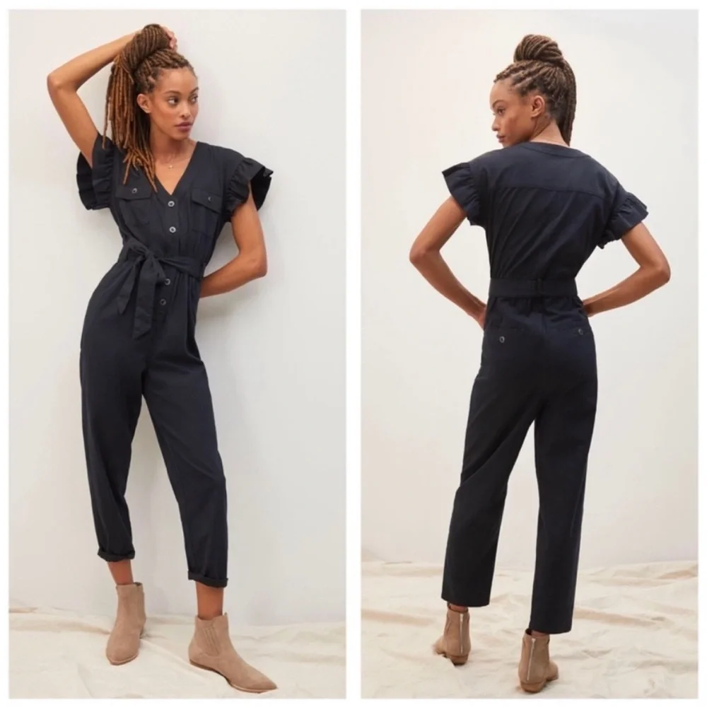 Anthropologie Tapered Ruffle Utility Jumpsuit Washed Black M - Picture 2 of 7